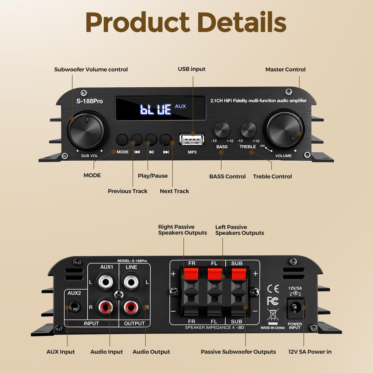 2.1 Channel Stereo Audio Amplifier Bluetooth 5.0 with Remote U978