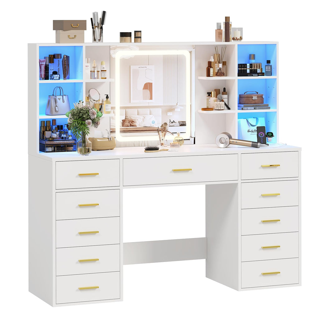 55" Extra-Wide White Makeup Vanity Desk with Lighted Mirror & 11 Drawers B181