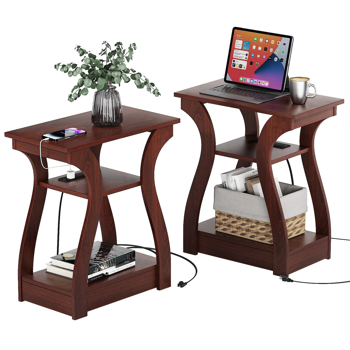 Cherry End Tables Set of 2 with Charging Station K4110