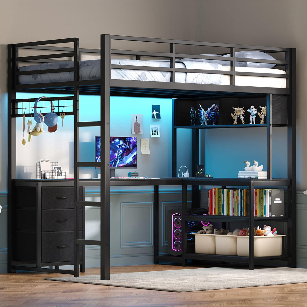Twin Loft Bed with L-Shaped Desk and LED Lights W1217