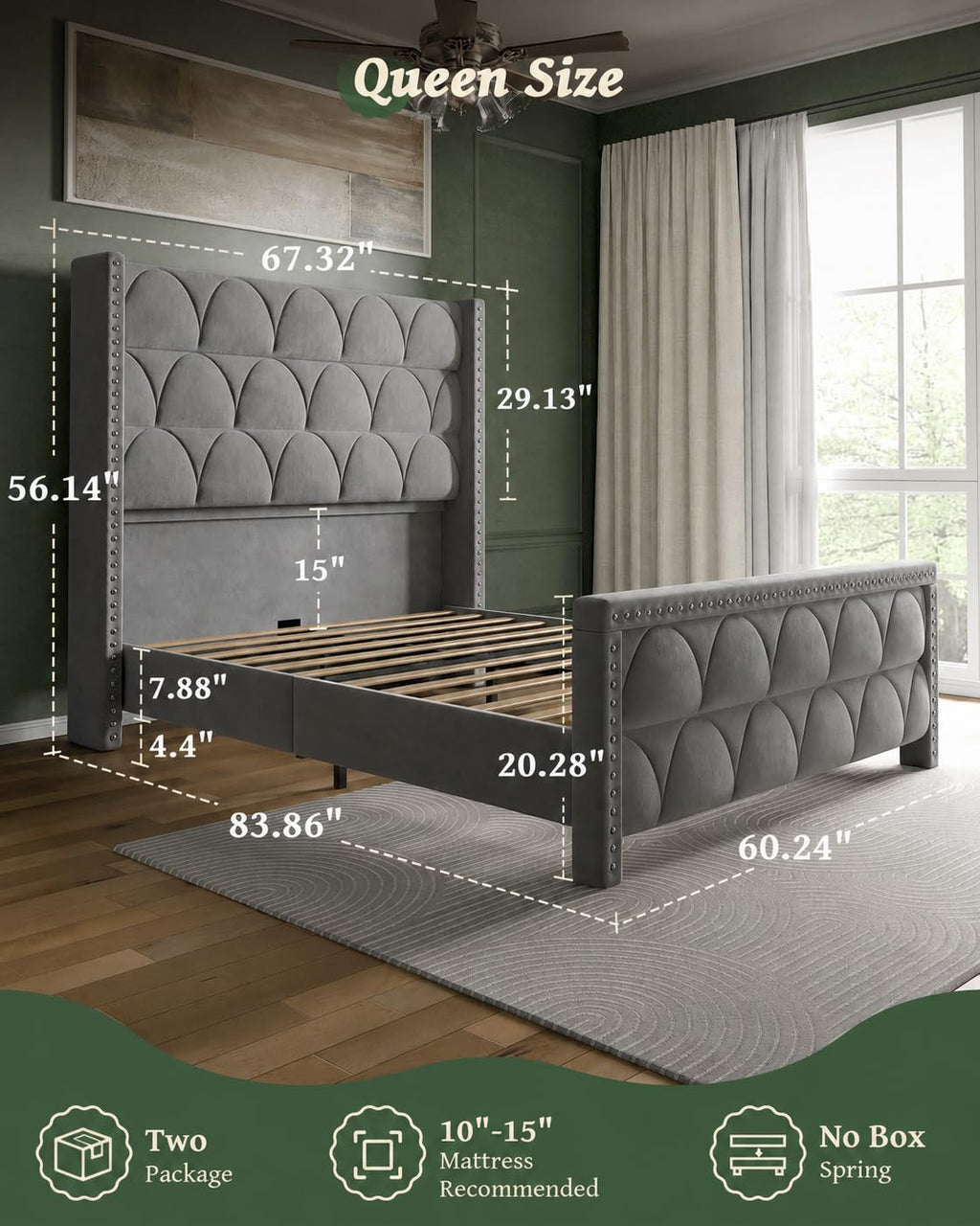 Queen Size Velvet Upholstered Platform Bed Frame I658