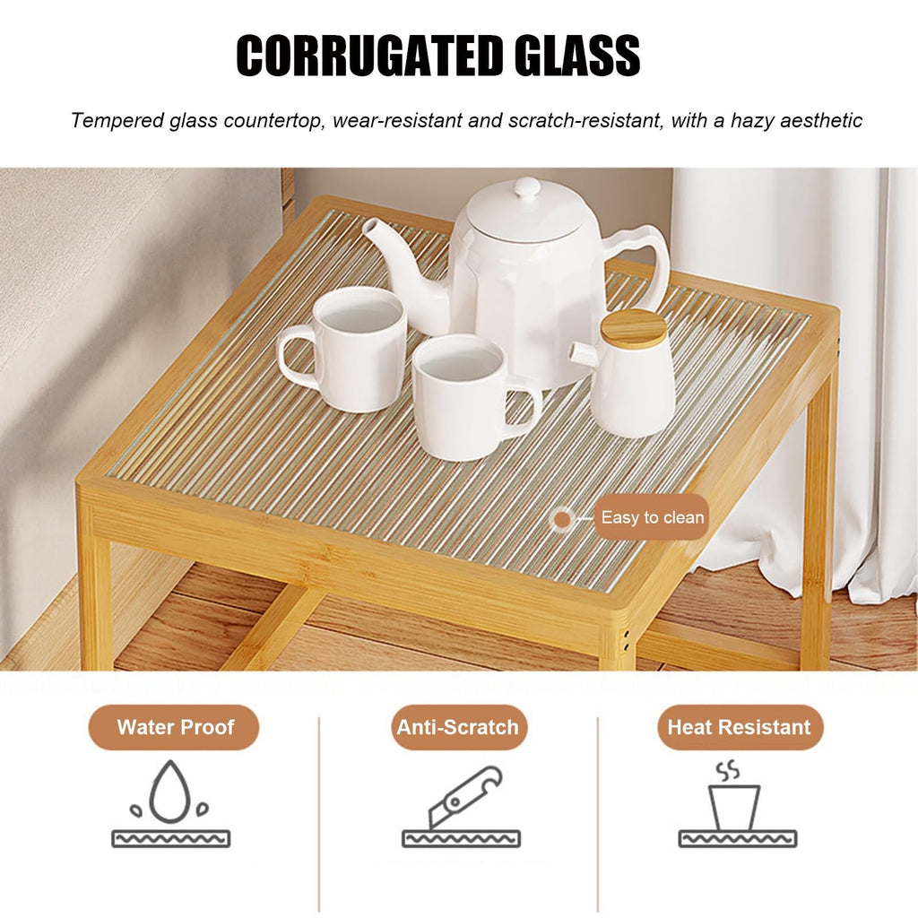 Set of 2 Square Glass Coffee Table with Bamboo Frame V54328
