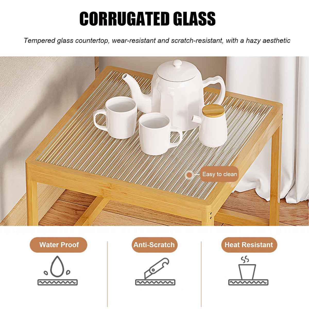 Set of 2 Square Glass Coffee Table with Bamboo Frame V54328