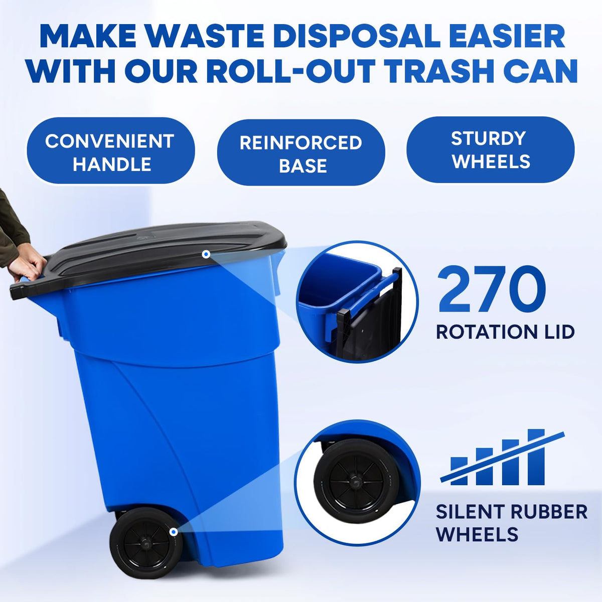 50 Gallon Blue Plastic Trash Can with Lid and Wheels B165