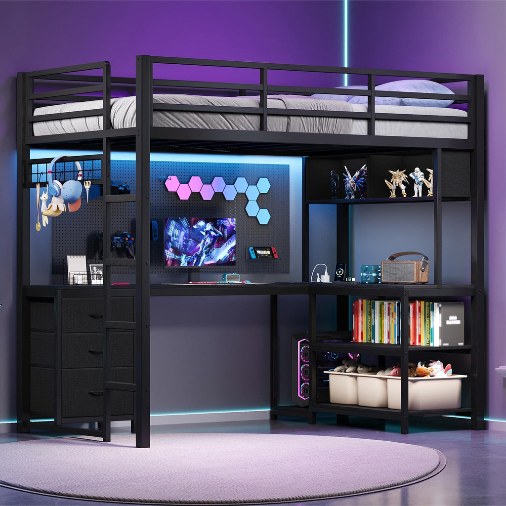 Twin Loft Bed with L-Shaped Desk and LED Lights W1217