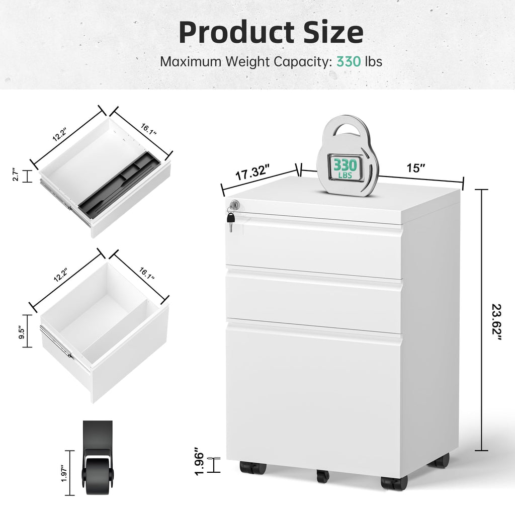 Fully Assembled 3 Drawer White Metal Rolling File Cabinet with Lock G5360