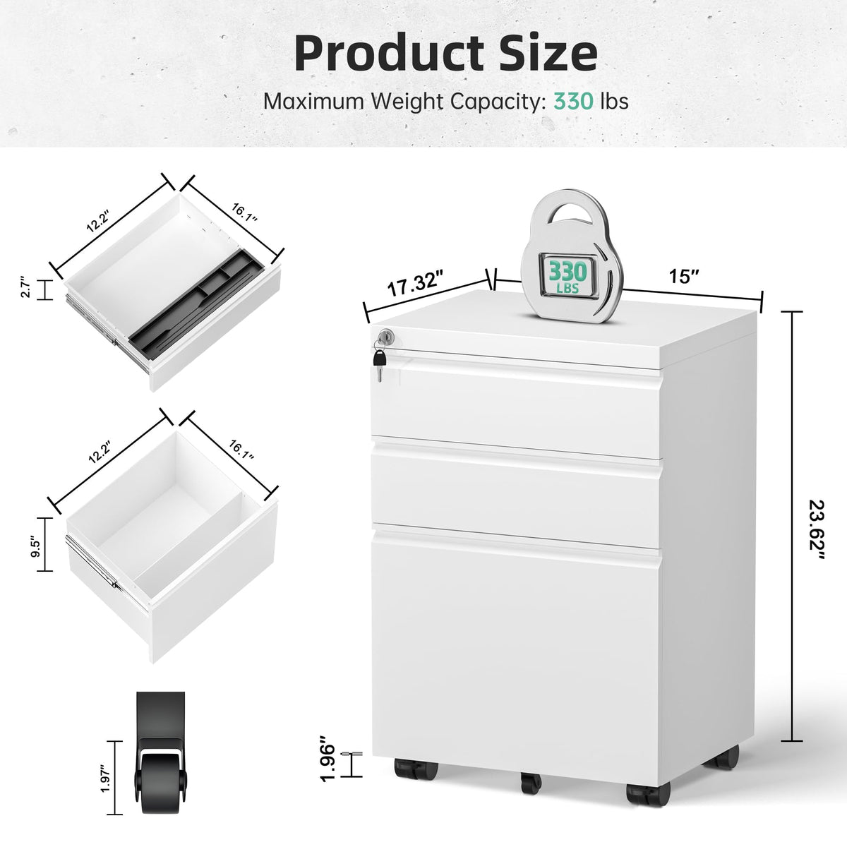 Fully Assembled 3 Drawer White Metal Rolling File Cabinet with Lock G5360