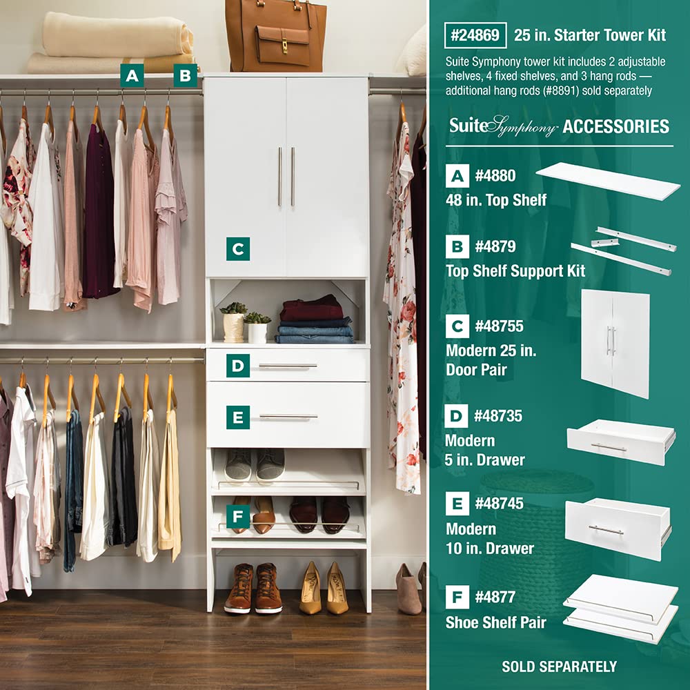 Wood Closet Organizer System with Tower and 3 Hang Rods and Shelving K6370