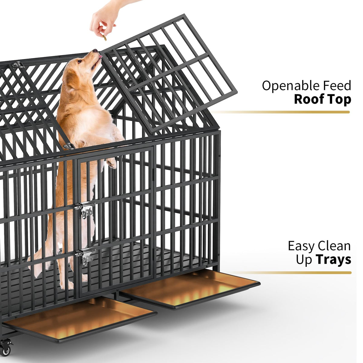52 Inch Heavy Duty XXL Dog Crate with Open Roof Top, Trays and Wheels Q923119