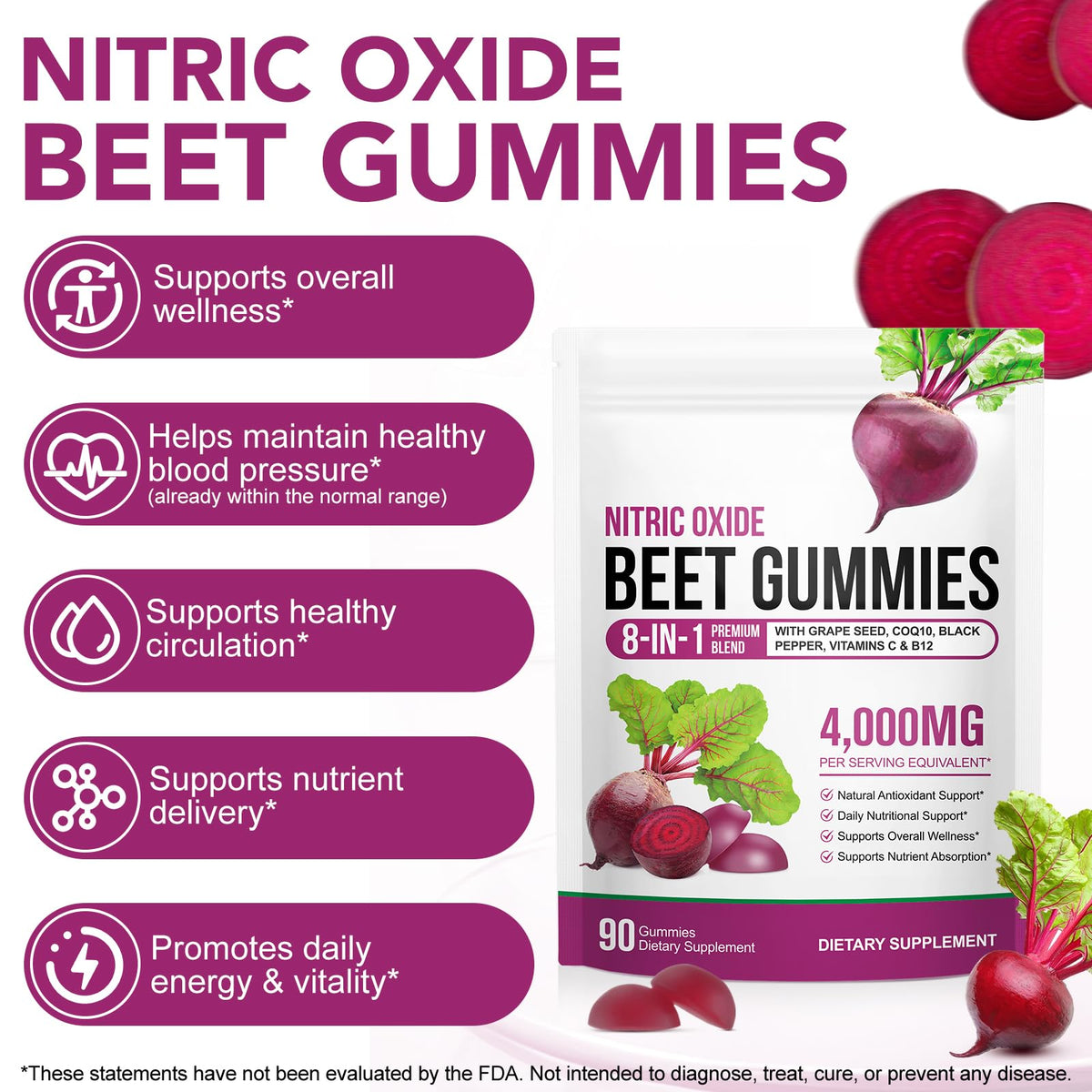 Beetroot Gummies 90 Gummies Beetroot Extract Supplement with COQ10 Vitamin C B12 Grape Seed Extract Y64906