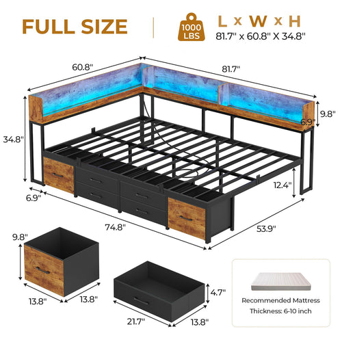 14 Inch Corner Bed Frame with Bookcase Storage, Full Daybed with 6 Drawers, Charging Station and LED Light, Black & Vintage Brown Z77470