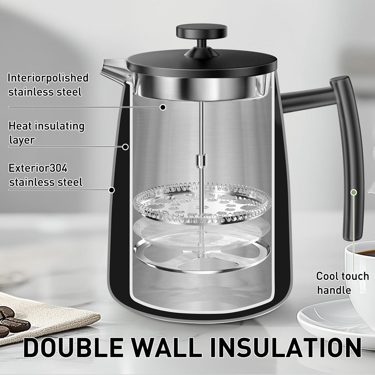 50oz Stainless Steel Insulated French Press Coffee Maker N947
