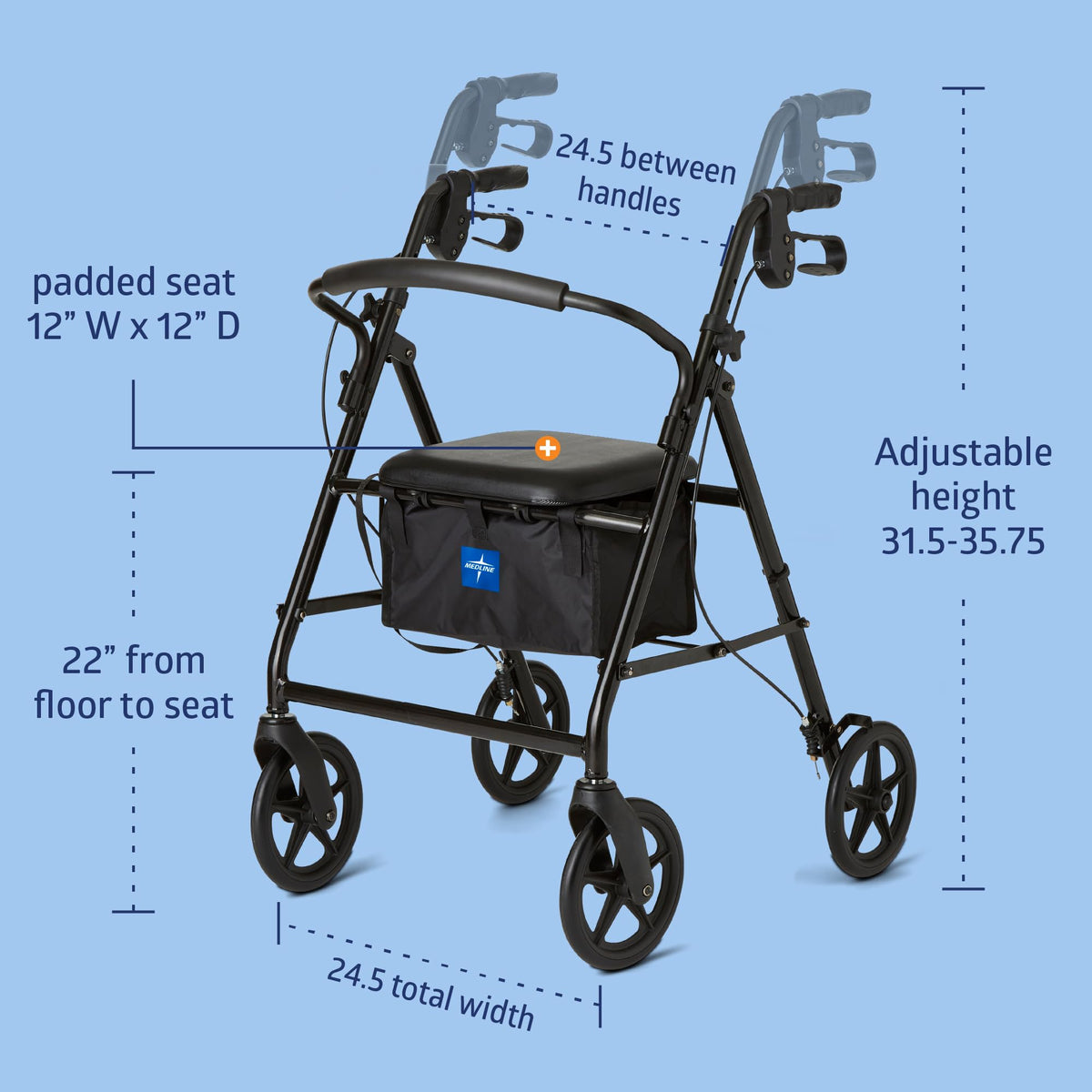 Burgundy Aluminum Rollator Walker with 8” Wheels and Padded Seat N4330