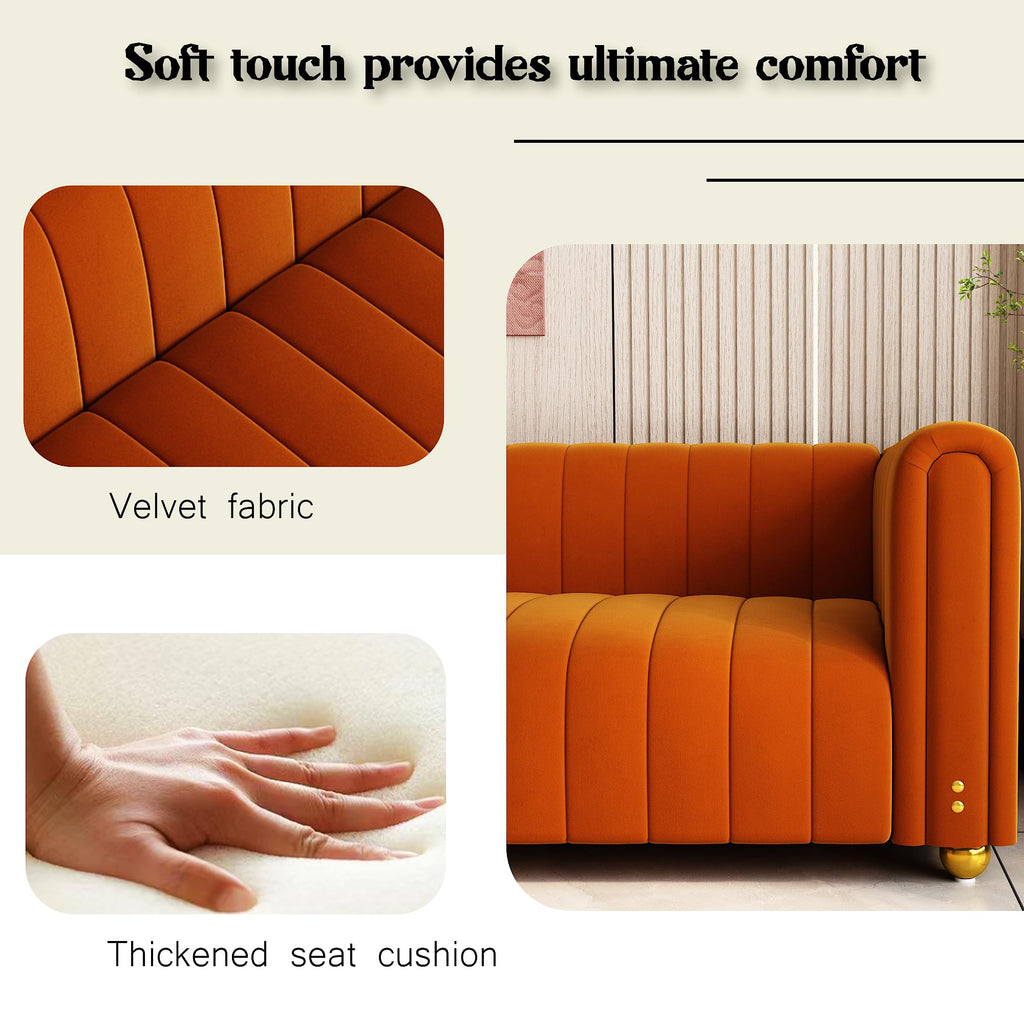 81" Orange Velvet Tufted Sofa 3 Seater with Metal Legs M139