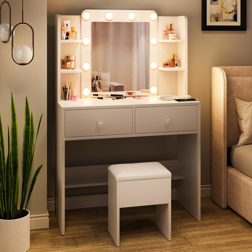 White Vanity Desk with Lighted Mirror and Chair K972