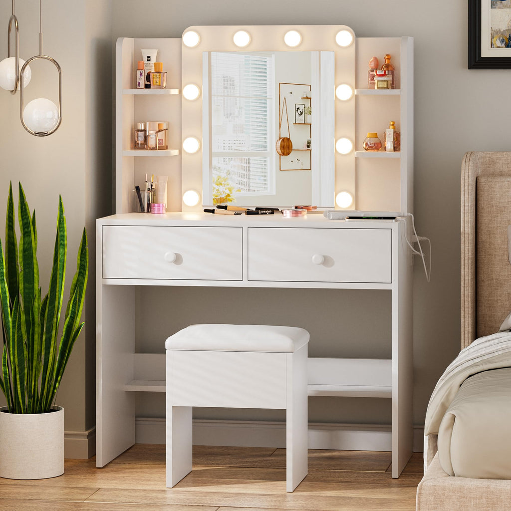 White Vanity Desk with Lighted Mirror and Chair K972