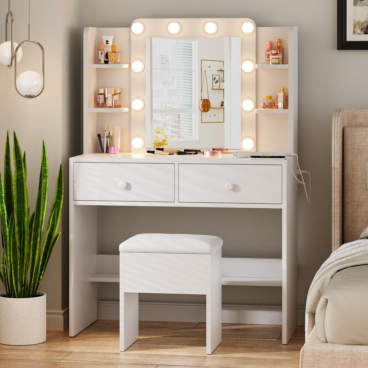 White Vanity Desk with Lighted Mirror and Chair K972