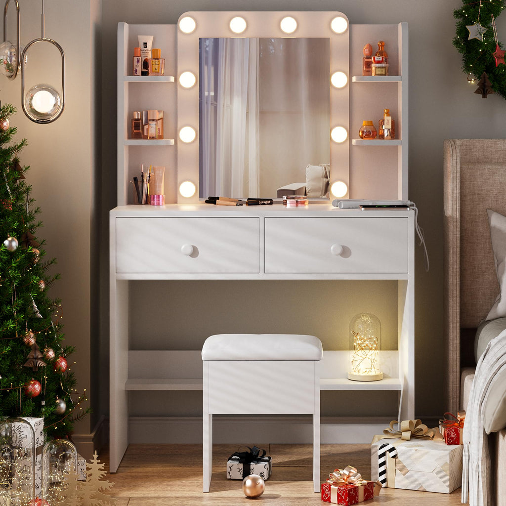 White Vanity Desk with Lighted Mirror and Chair K972