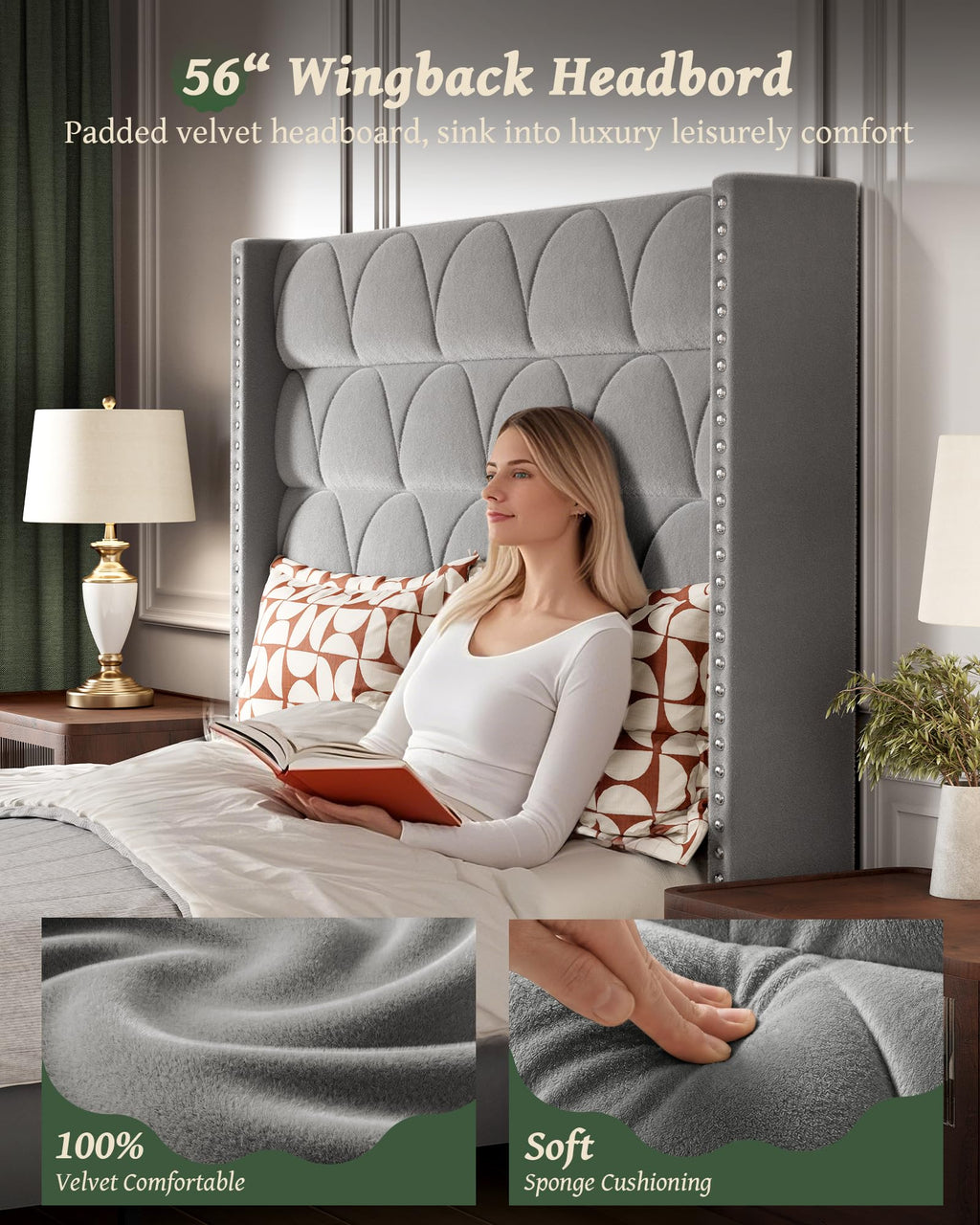 Queen Size Velvet Upholstered Platform Bed Frame I658
