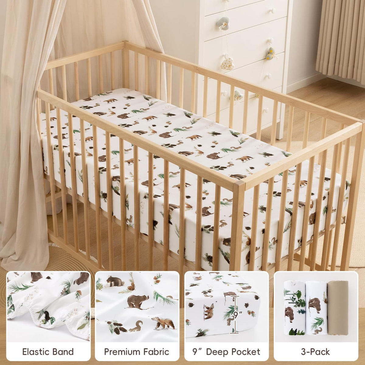 3 Pack Ultra Soft Breathable Fitted Crib Sheets 28x52 Inch U27088