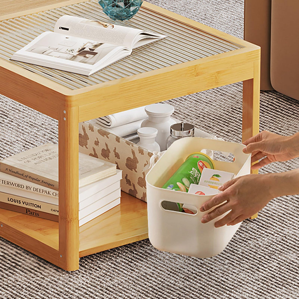 Set of 2 Square Glass Coffee Table with Bamboo Frame V54328