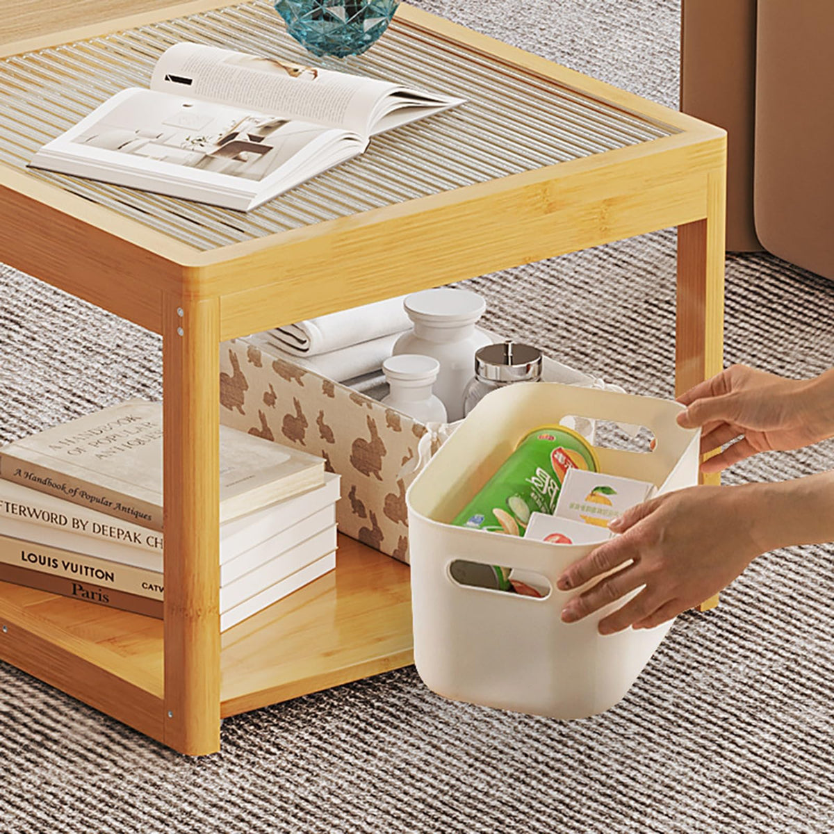 Set of 2 Square Glass Coffee Table with Bamboo Frame V54328