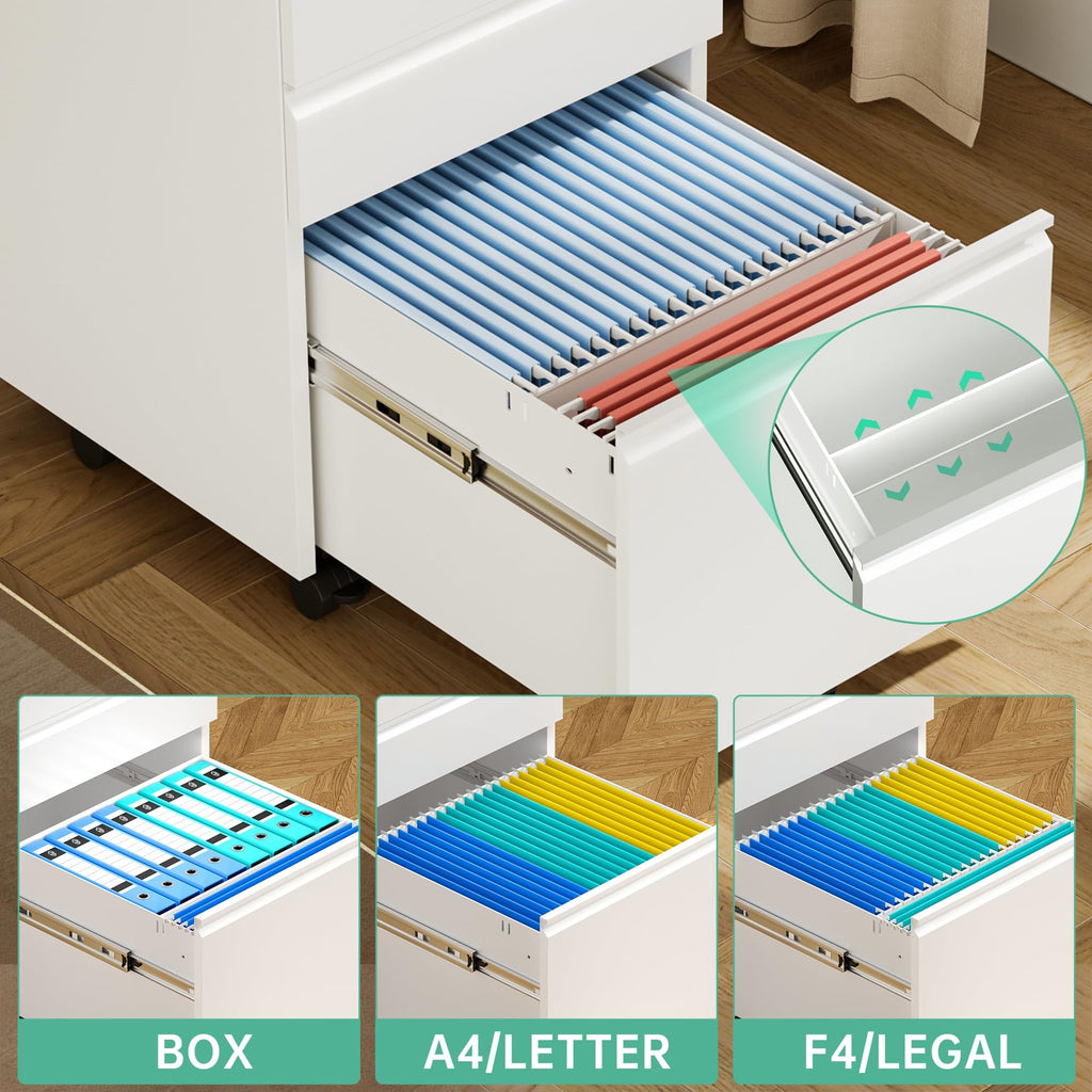 Fully Assembled 3 Drawer White Metal Rolling File Cabinet with Lock G5360