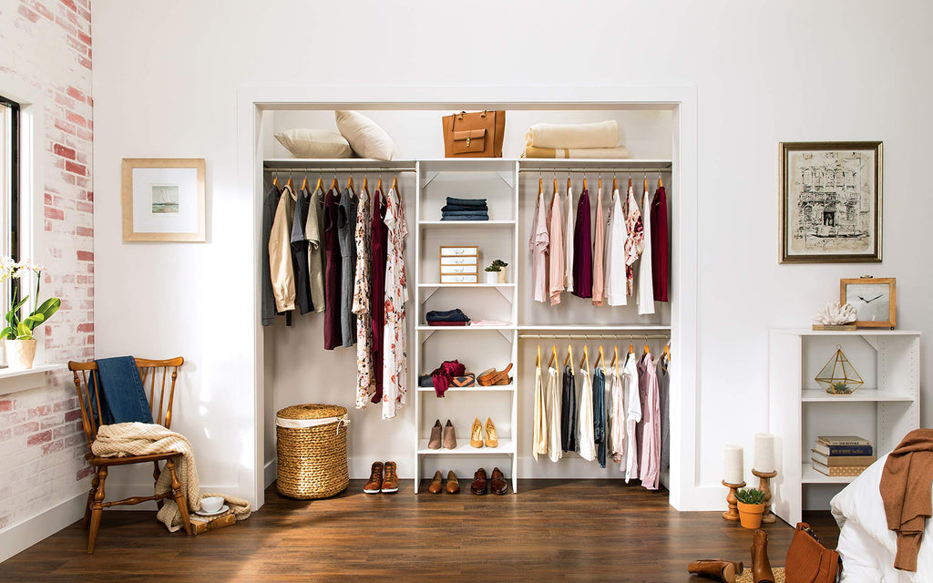 Wood Closet Organizer System with Tower and 3 Hang Rods and Shelving K6370