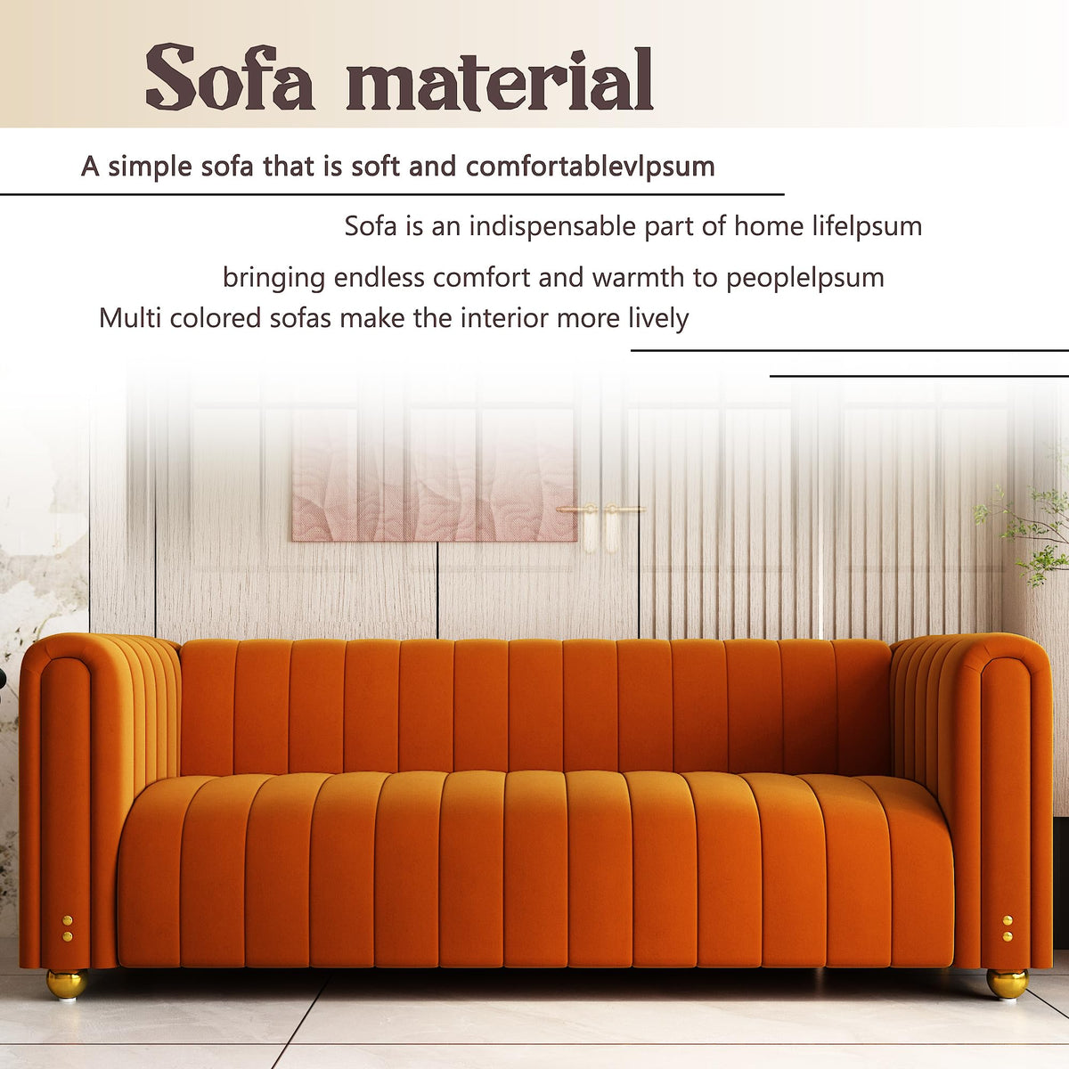 81" Orange Velvet Tufted Sofa 3 Seater with Metal Legs M139