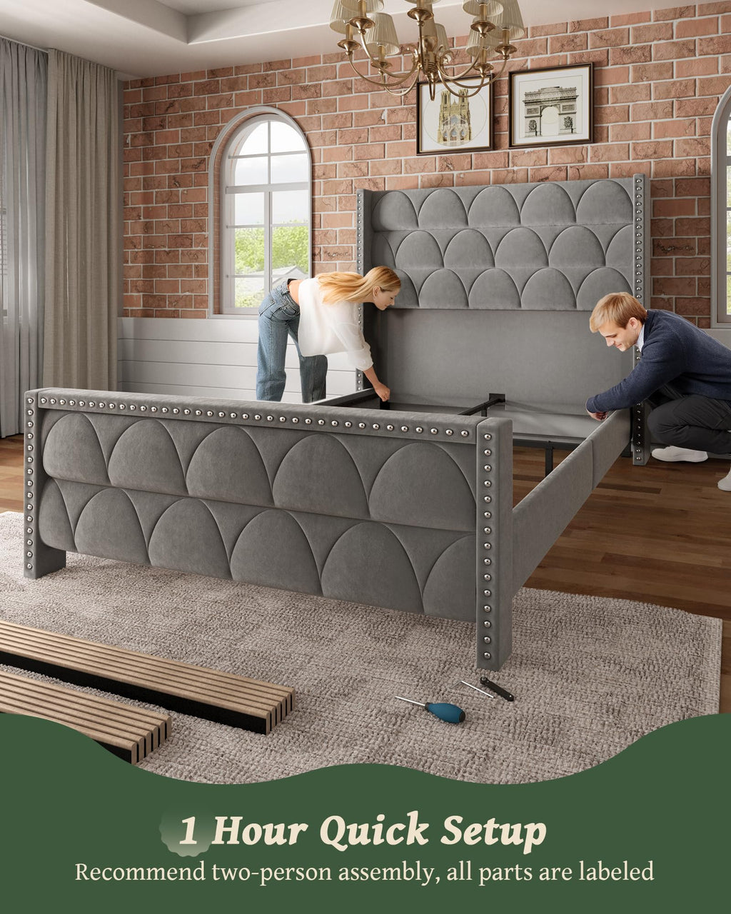 Queen Size Velvet Upholstered Platform Bed Frame I658