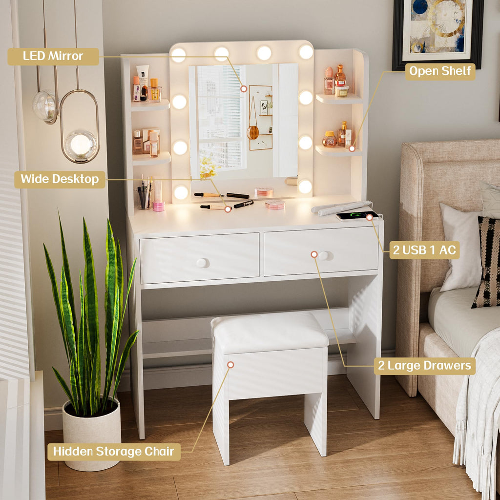 White Vanity Desk with Lighted Mirror and Chair K972