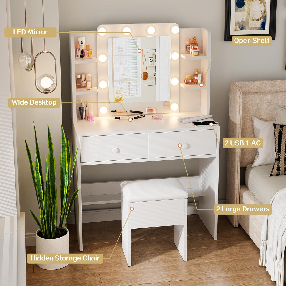 White Vanity Desk with Lighted Mirror and Chair K972