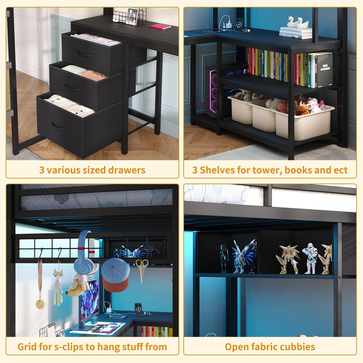 Twin Loft Bed with L-Shaped Desk and LED Lights W1217