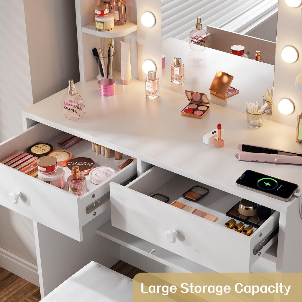 White Vanity Desk with Lighted Mirror and Chair K972