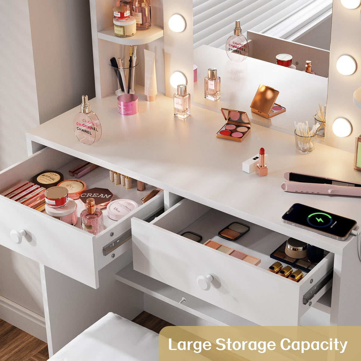 White Vanity Desk with Lighted Mirror and Chair K972