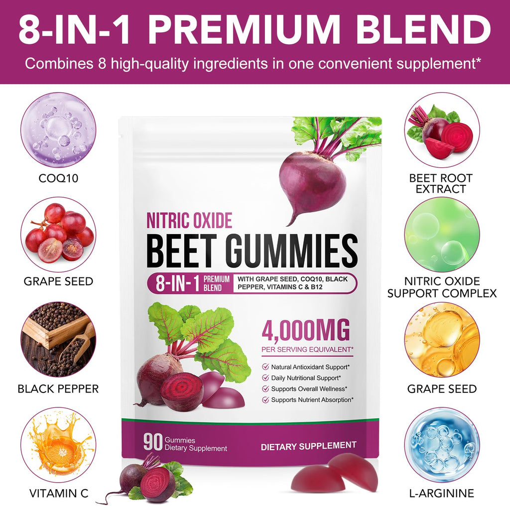 Beetroot Gummies 90 Gummies Beetroot Extract Supplement with COQ10 Vitamin C B12 Grape Seed Extract Y64906