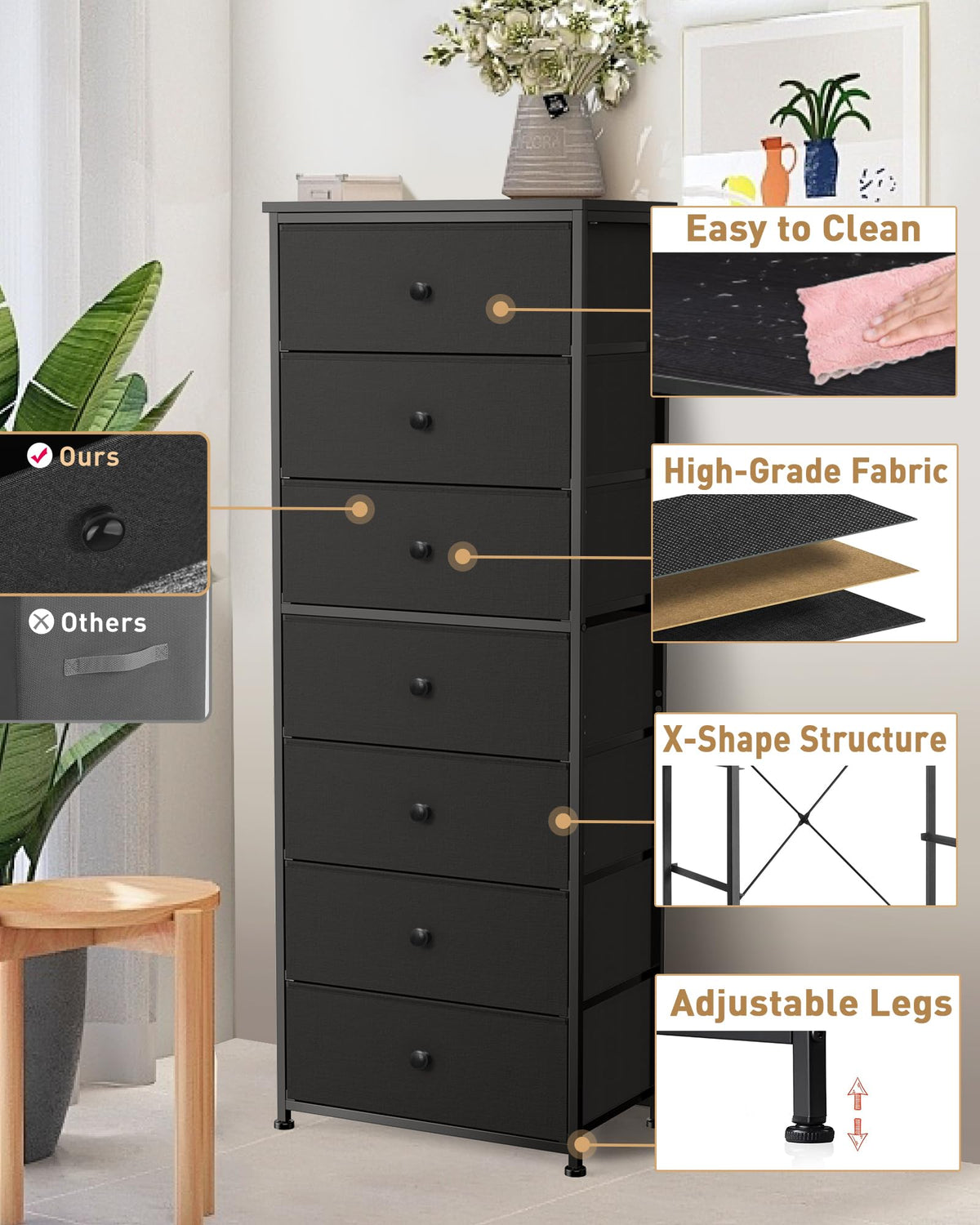 Tall Fabric 7 Drawer Dresser with Steel Frame Wood Top V20554