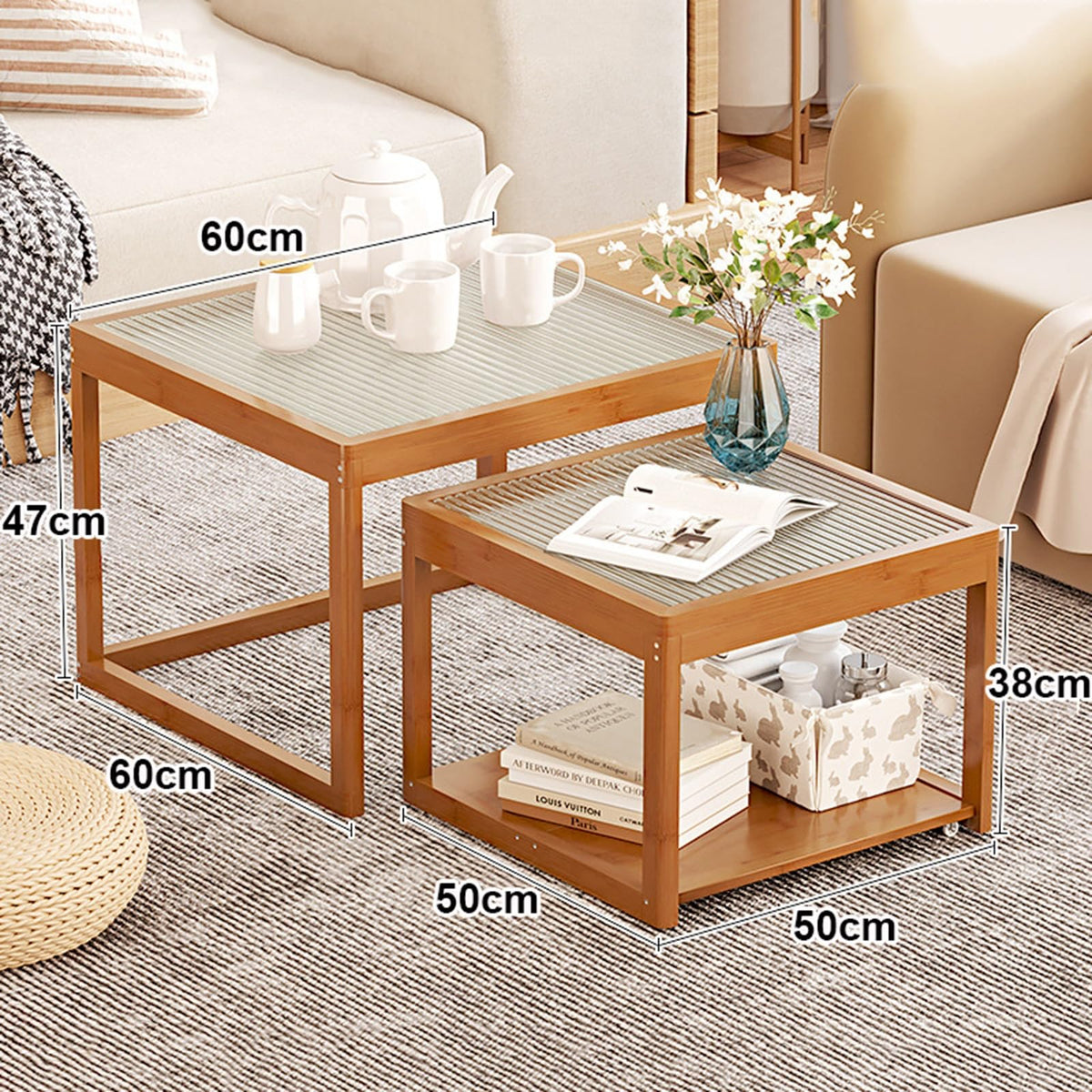 Set of 2 Square Glass Coffee Table with Bamboo Frame V54328