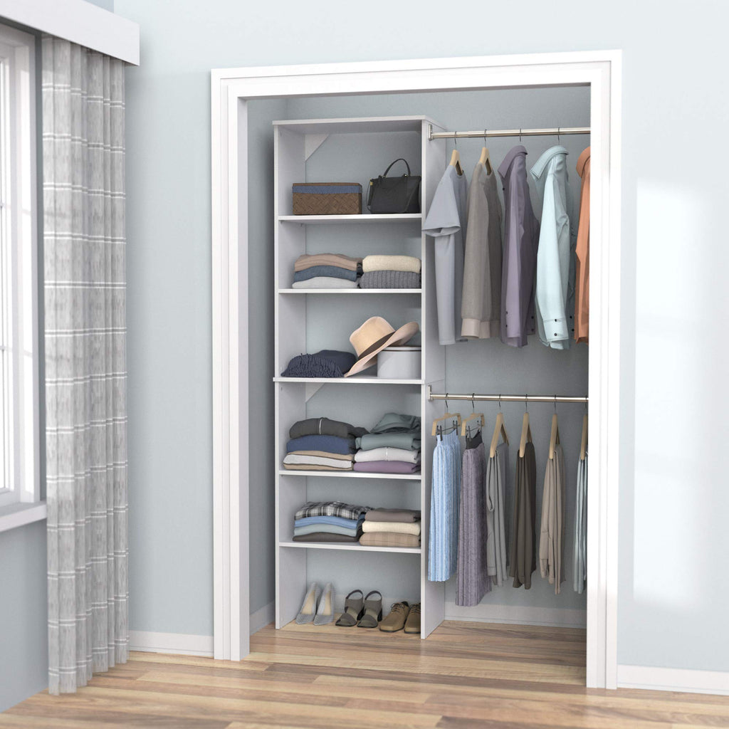 Wood Closet Organizer System with Tower and 3 Hang Rods and Shelving K6370
