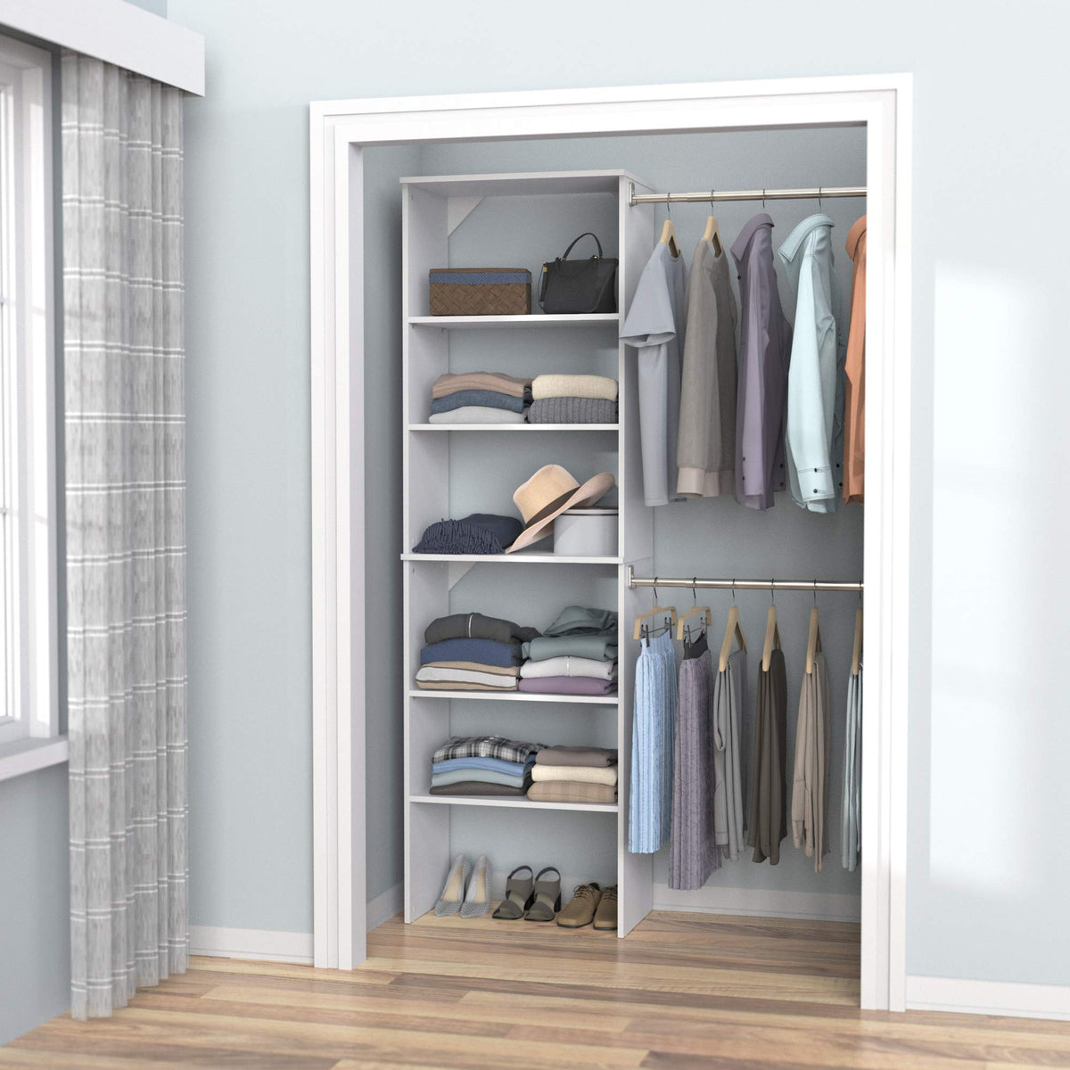 Wood Closet Organizer System with Tower and 3 Hang Rods and Shelving K6370