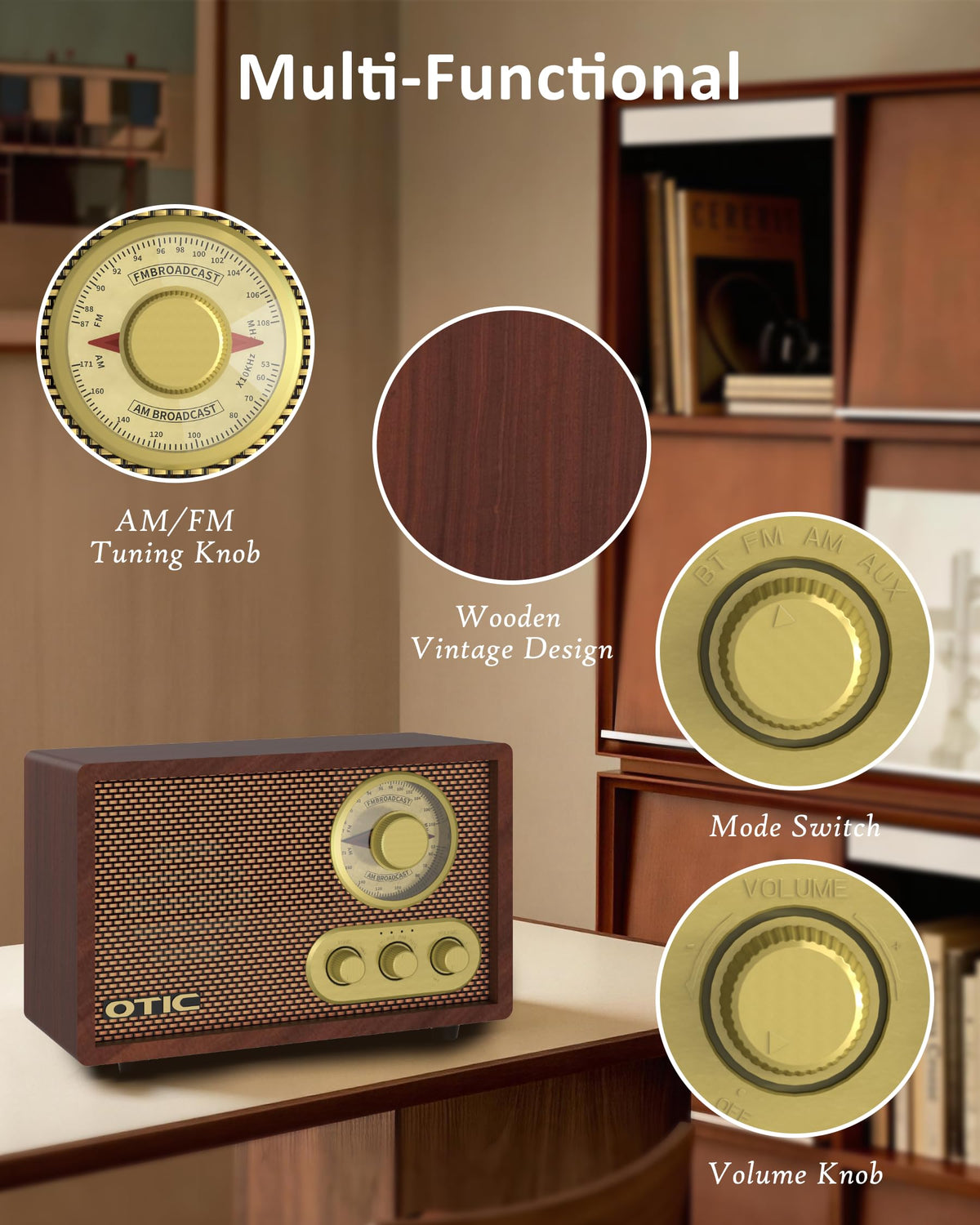 Vintage Wood AM/FM Bluetooth Radio with Speakers S951
