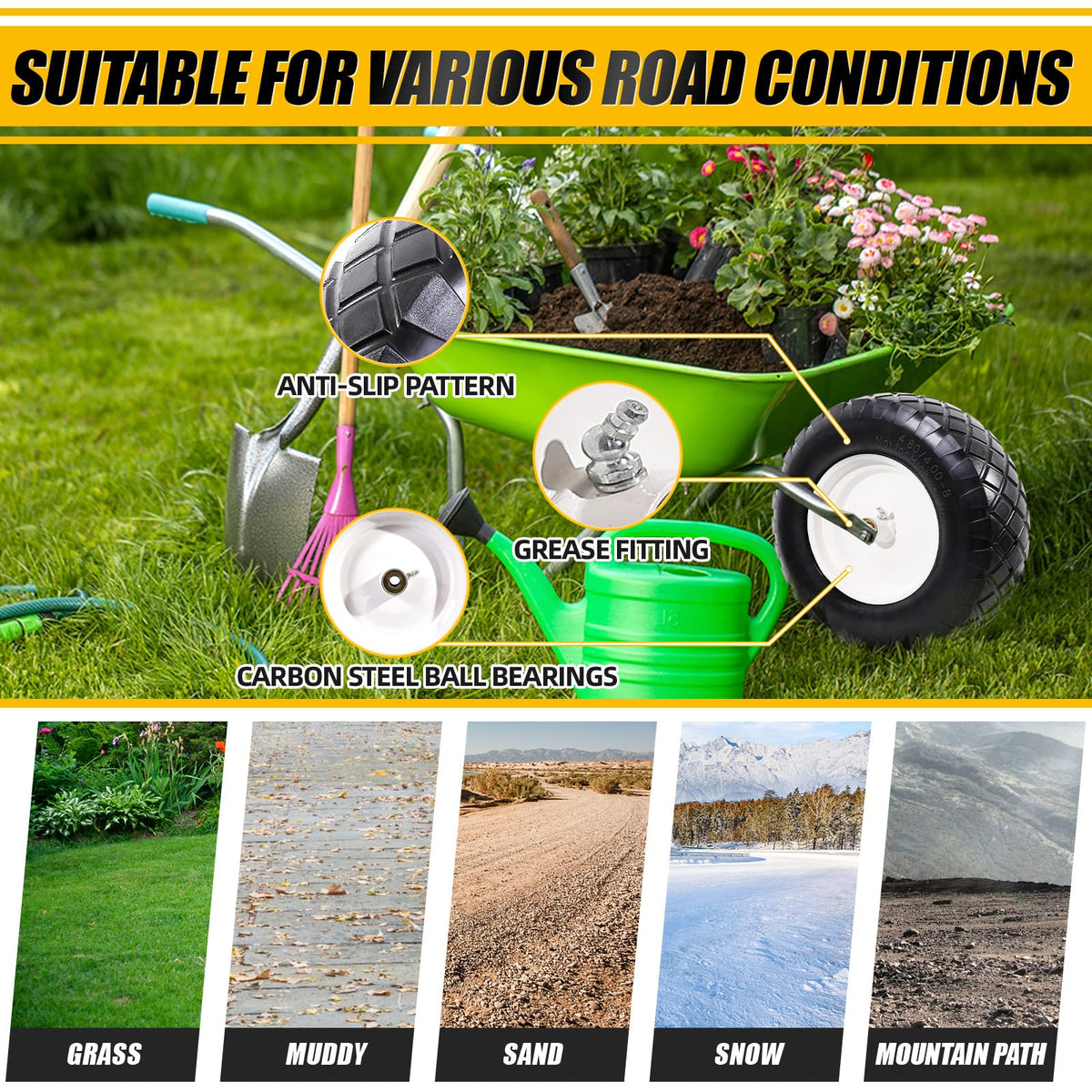 4.80/4.00-8" Flat Free Wheelbarrow Tire and Wheel G155
