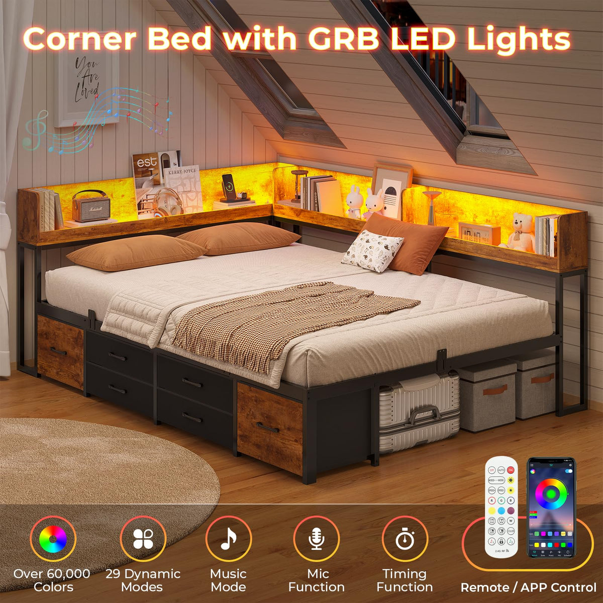 14 Inch Corner Bed Frame with Bookcase Storage, Full Daybed with 6 Drawers, Charging Station and LED Light, Black & Vintage Brown Z77470