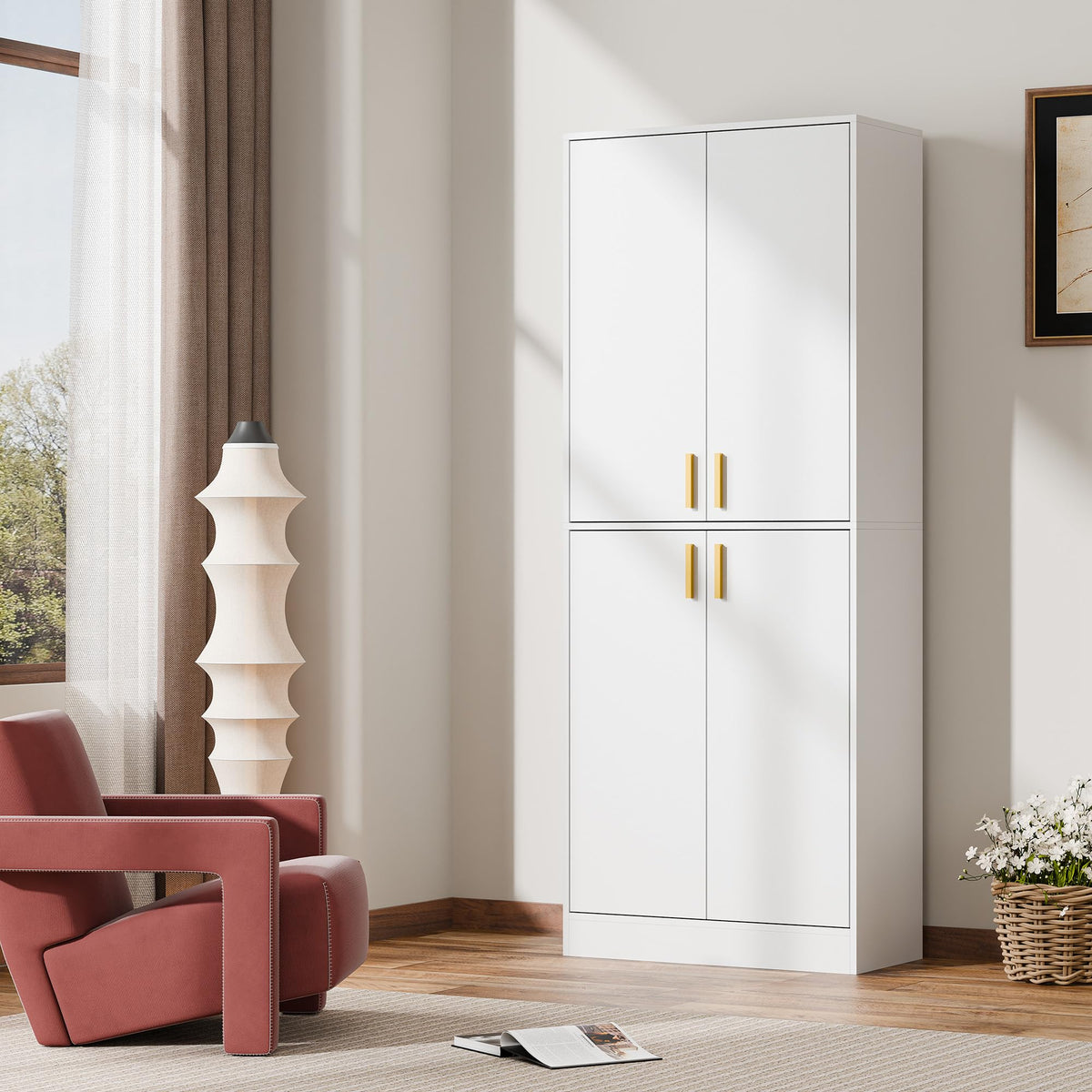 White Wood Storage Cabinet with Doors and Shelves N514