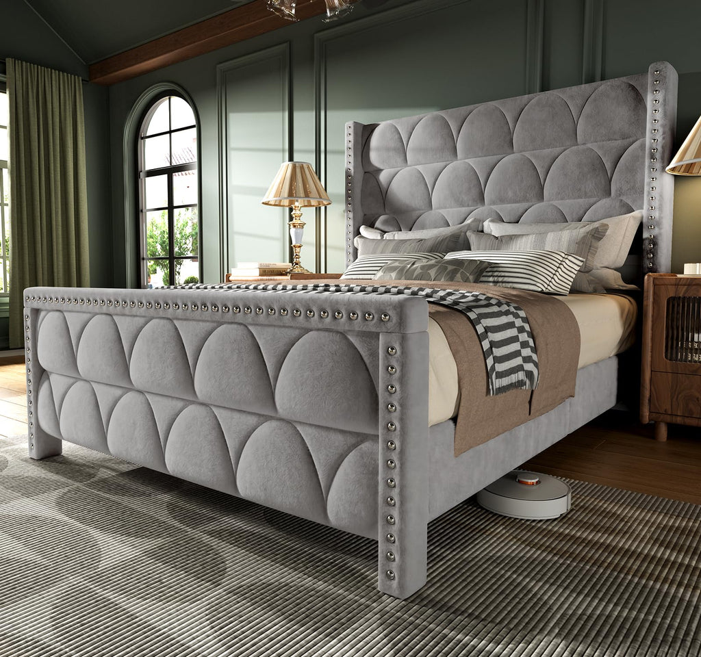 Queen Size Velvet Upholstered Platform Bed Frame I658