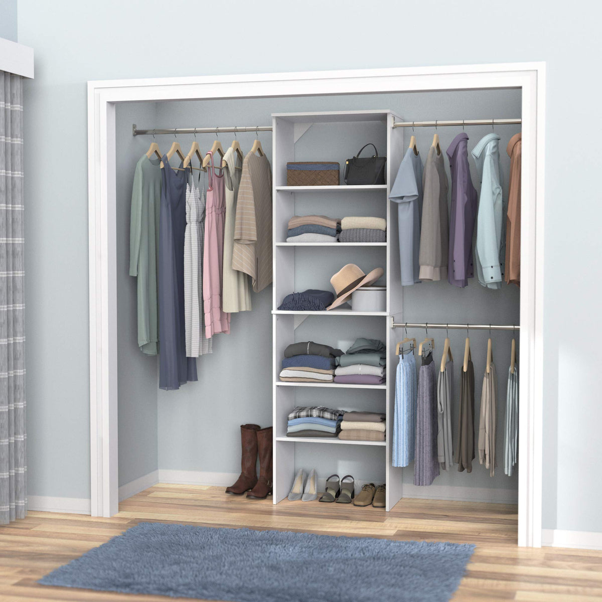 Wood Closet Organizer System with Tower and 3 Hang Rods and Shelving K6370