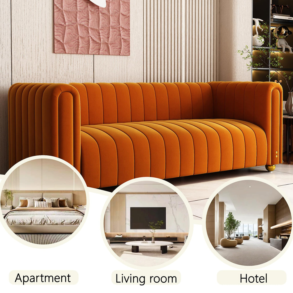81" Orange Velvet Tufted Sofa 3 Seater with Metal Legs M139