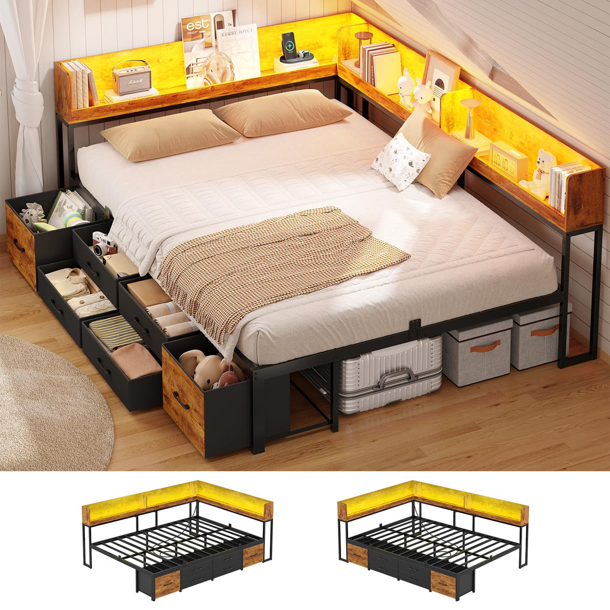 14 Inch Corner Bed Frame with Bookcase Storage, Full Daybed with 6 Drawers, Charging Station and LED Light, Black & Vintage Brown Z77470