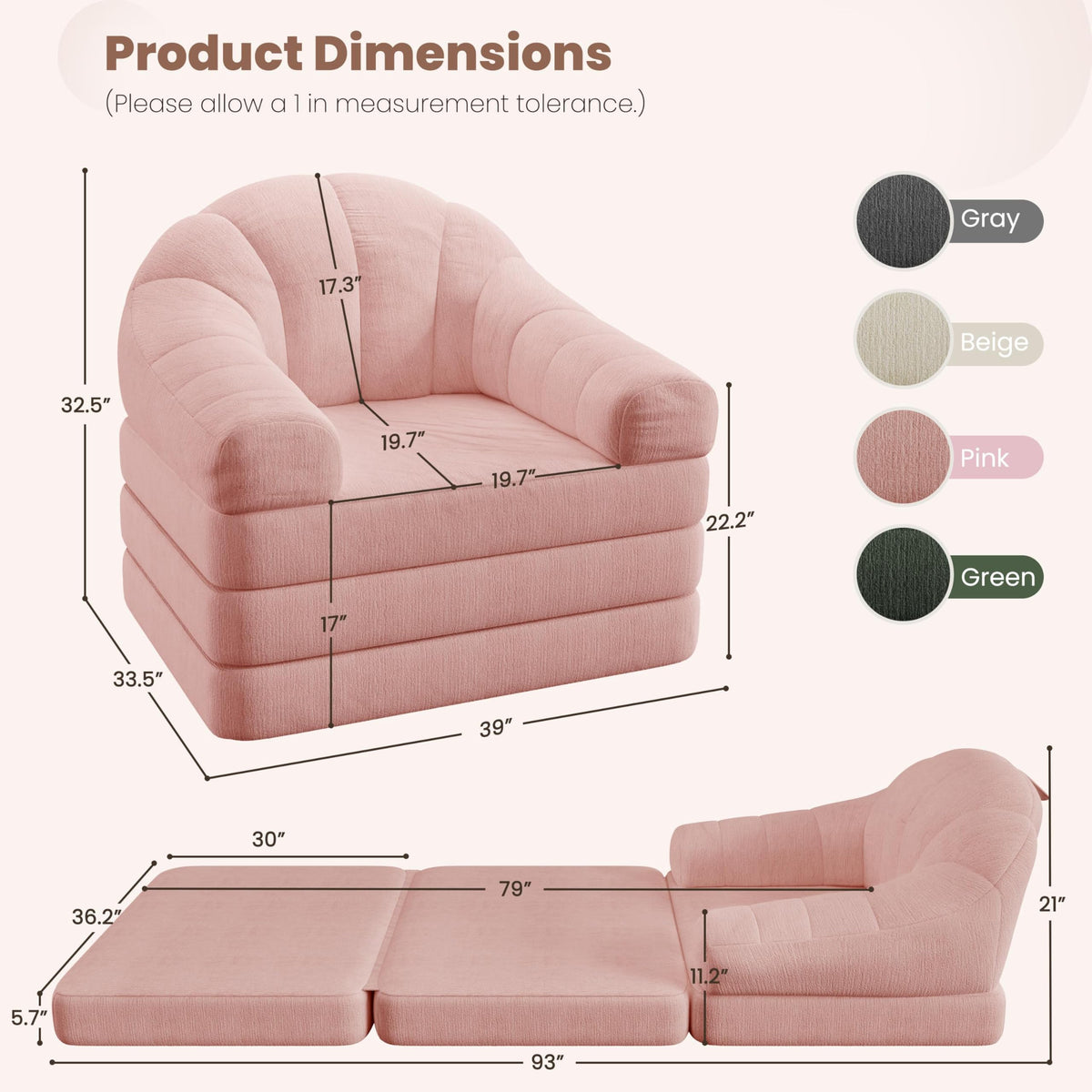 Pink Chenille Convertible Sofa Bed H1711
