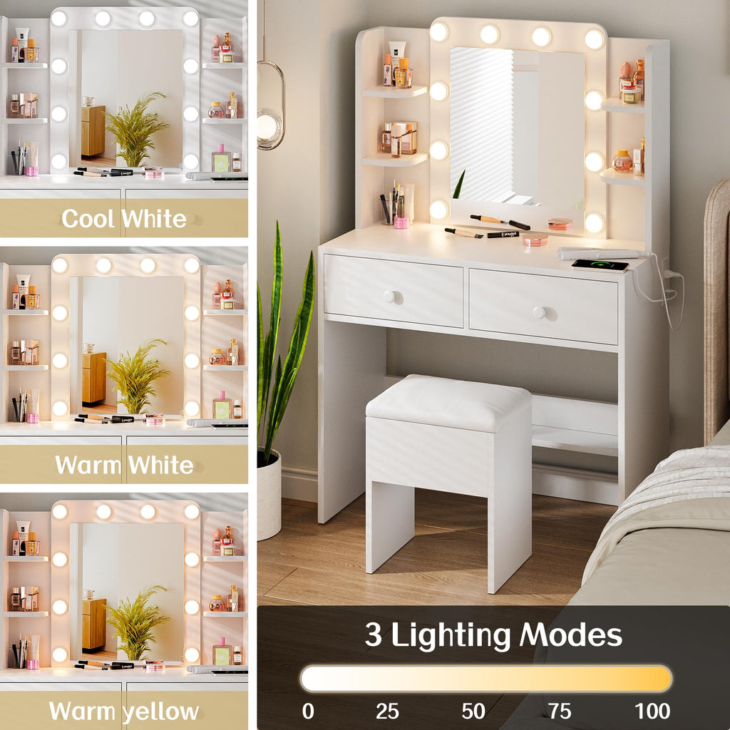 White Vanity Desk with Lighted Mirror and Chair K972